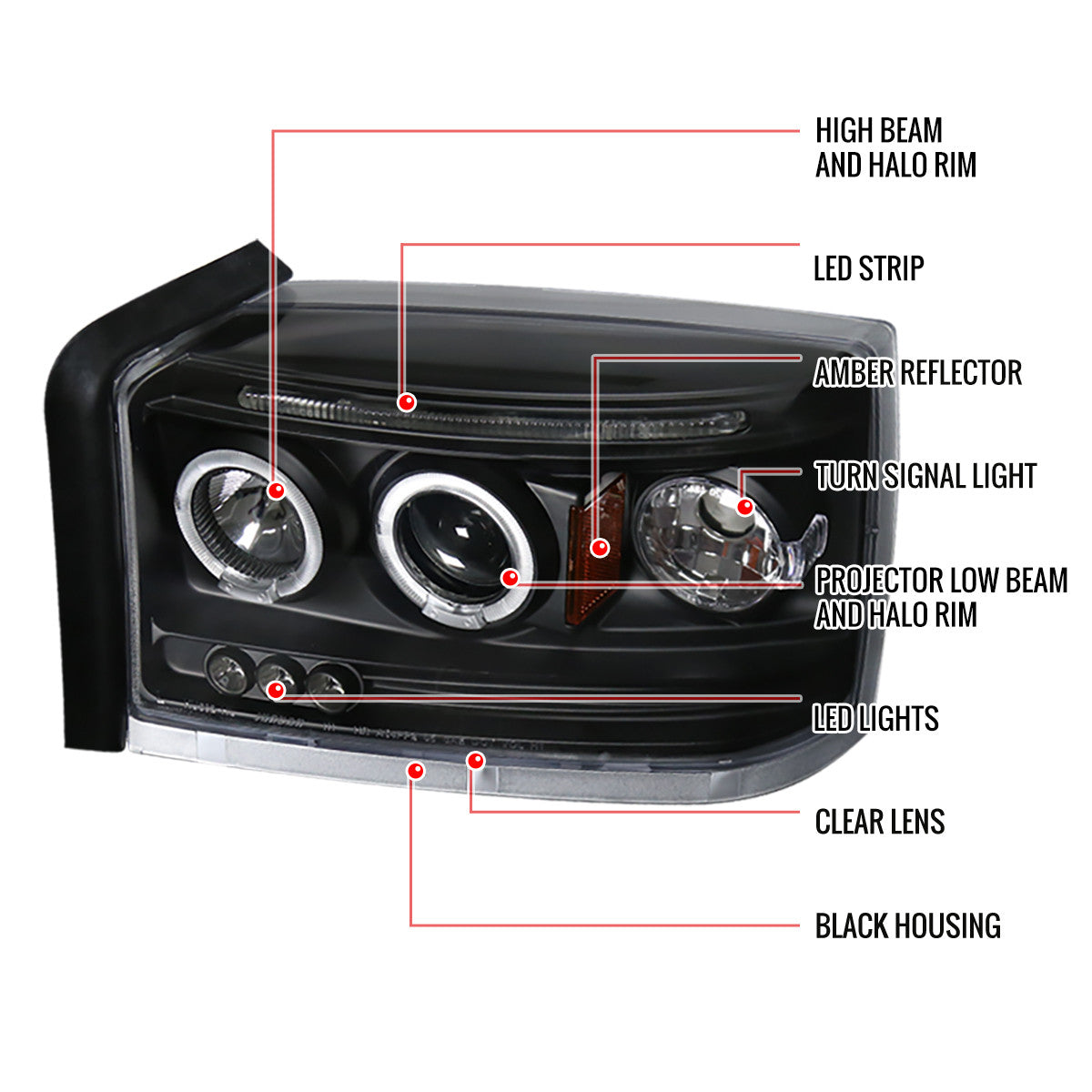 Spec-D 05-07 Dodge Dakota Halo LED Projector Headlights Black