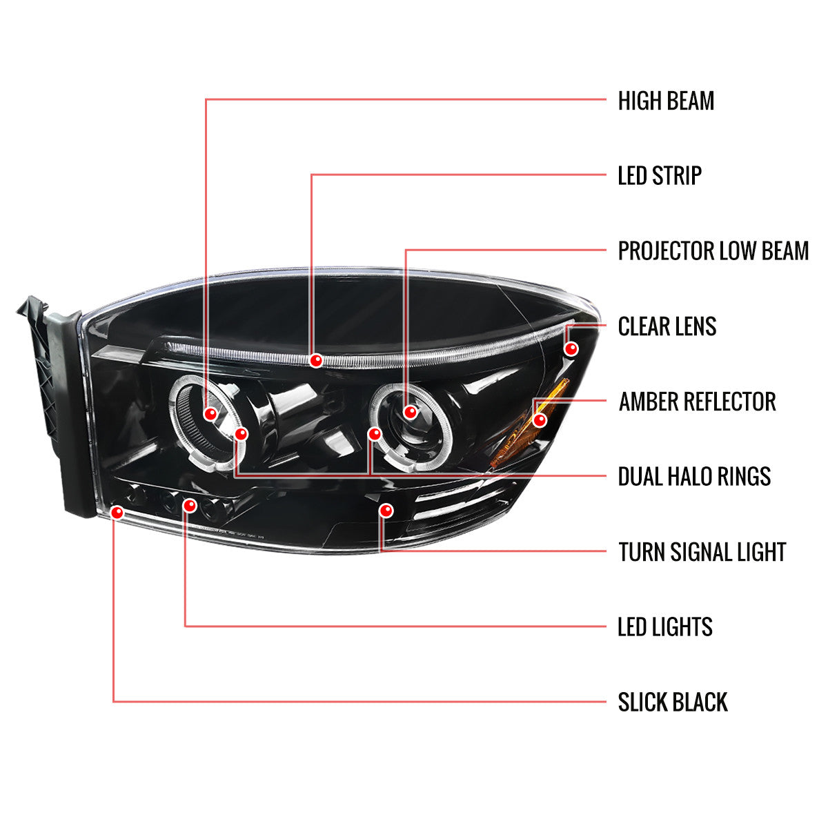 Spec-D 06-08 Dodge Ram 1500 Halo Projector Headlights Black