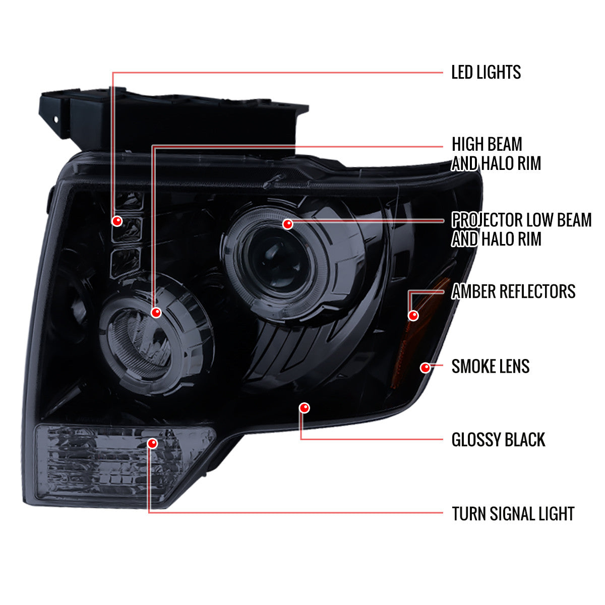 Spec-D 09-14 Ford F150 Dual Halo Projector Headlights Black/Smoked