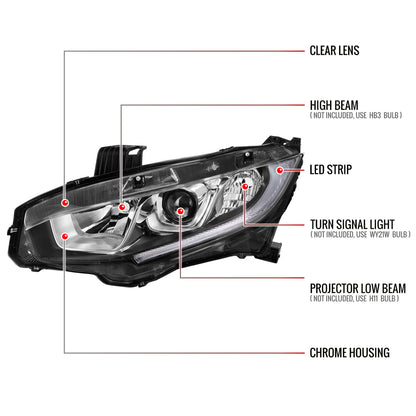 Spec-D 16-21 Honda Civic Projector Headlights OEM Style Chrome