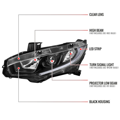 Spec-D 16-21 Honda Civic Headlights OEM Style Projector Black.