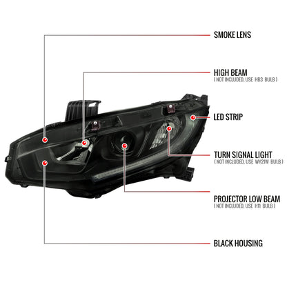 Spec-D 16-21 Honda Civic Headlights LED Strip OEM Style Black/Smoked