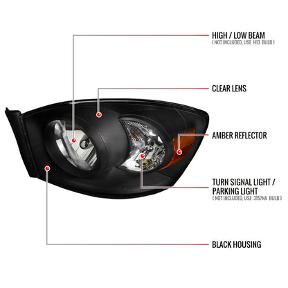 Spec-D 06-08 Ram 1500/06-09 Ram 2500 3500 Headlights OEM Style Black
