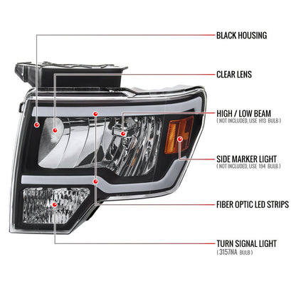 Spec-D 09-14 Ford F-150 Headlights LED Tube OEM Style Black
