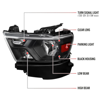 Spec-D 19-24 Ram 1500 Headlights OEM Style Amber Reflectors Black