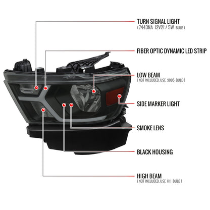 Spec-D 19-24 Ram 1500 Headlights Animated LED Bar Smoked.