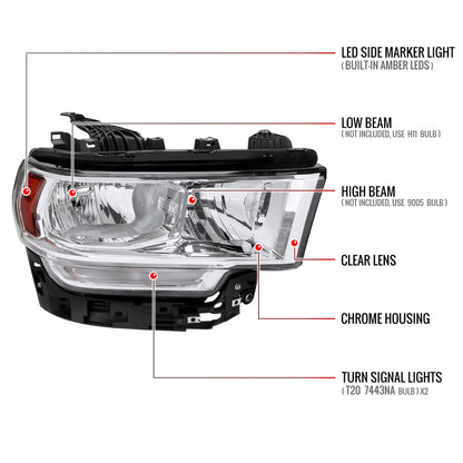 Spec-D 19-24 Ram 2500/3500 Passenger Headlight Chrome Replacement