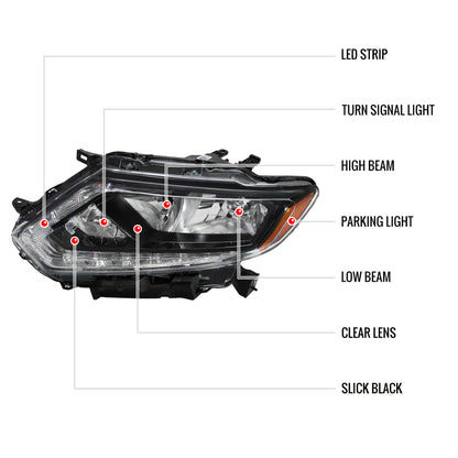 Spec-D 14-16 Nissan Rogue Headlights LED Strip OEM Style Black