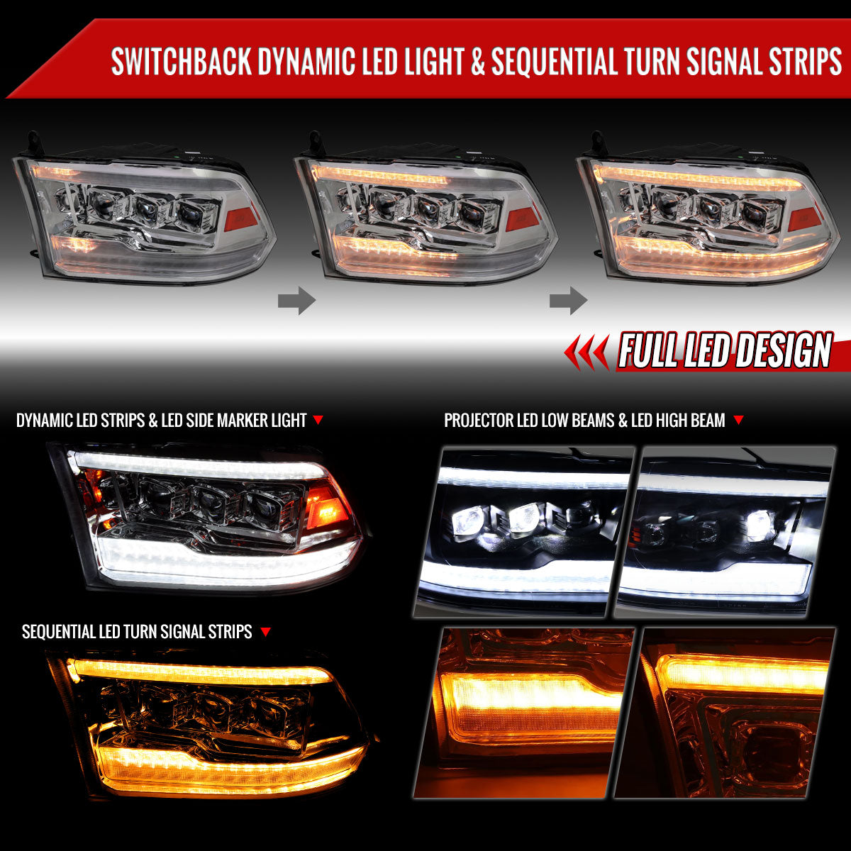 Spec-D 10-18 Ram 1500 2500 3500 Ram Classic Headlights SEQ LED Chrome
