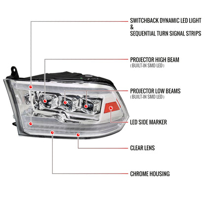 Spec-D 10-18 Ram 1500 2500 3500 Ram Classic Headlights SEQ LED Chrome