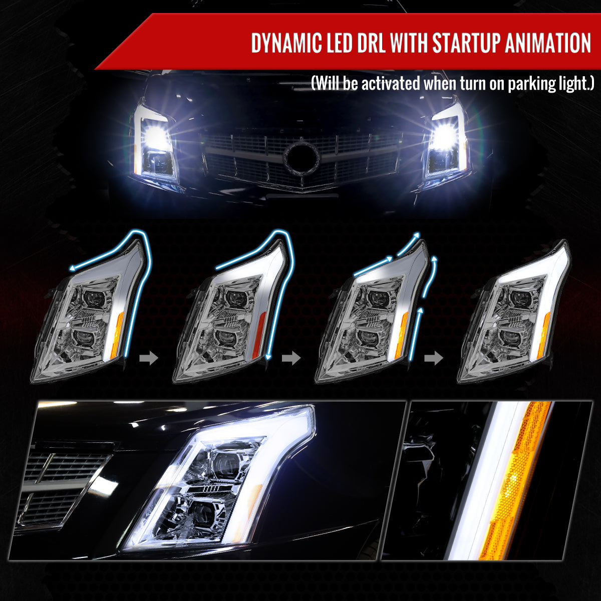 Spec-D 10-16 Cadillac SRX Projector Headlights Full SEQ LED DRL Chrome