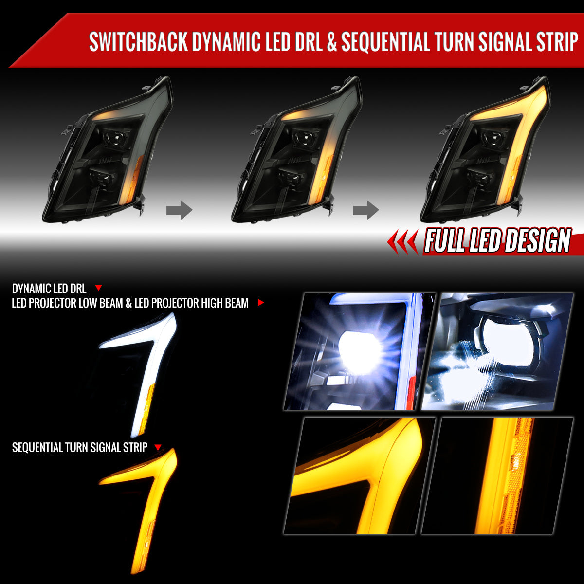 Spec-D 10-16 Cadillac SRX Projector Headlights SEQ LED Black/Smoked