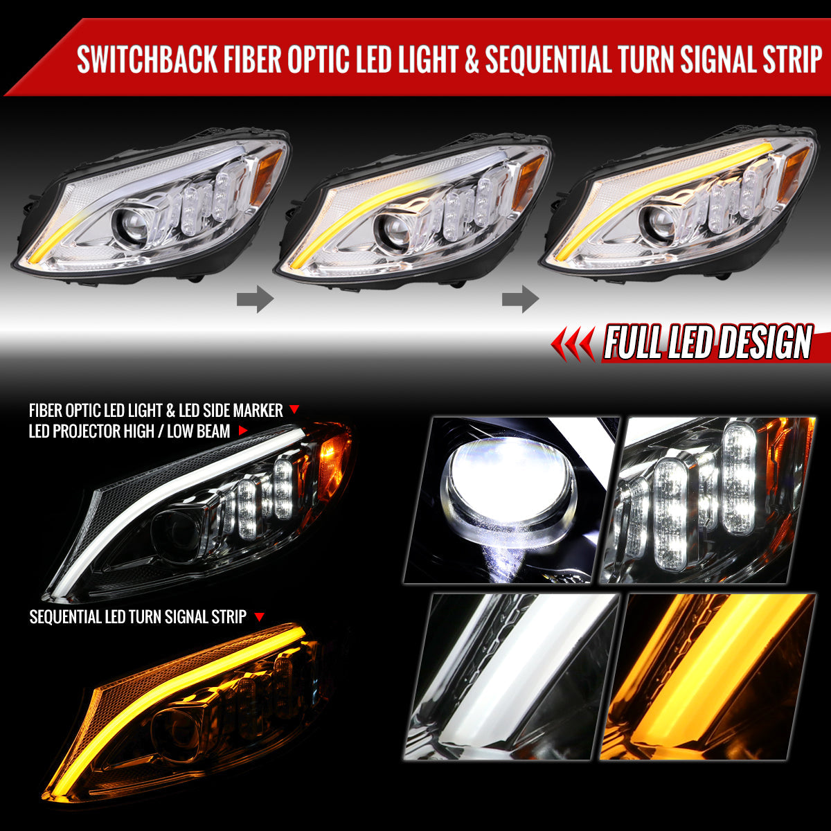Spec-D 15-18 Mercedes C-Class W205 Headlights Sequential LED Chrome