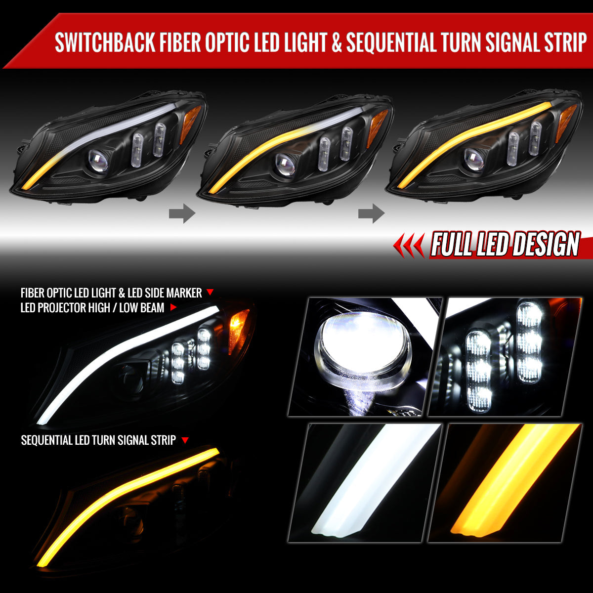 Spec-D 15-18 Mercedes C-Class W205 Sequential Headlights Black/Clear