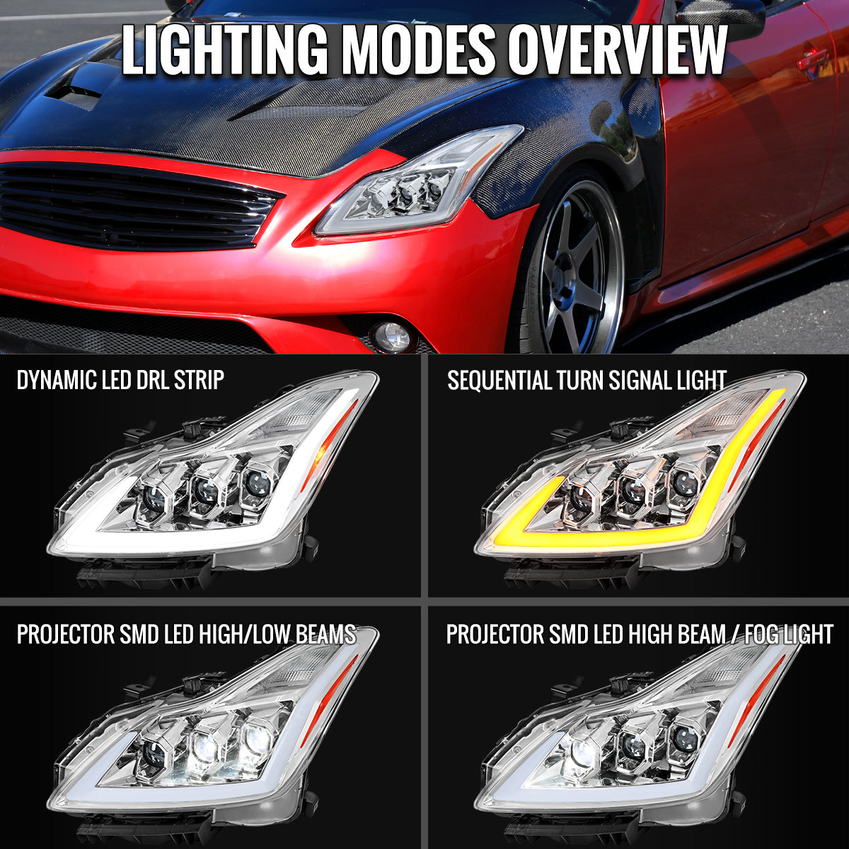 Spec-D 08-13 G37/14-15 Q60 2DR Triple Projector Headlights SEQ Clear