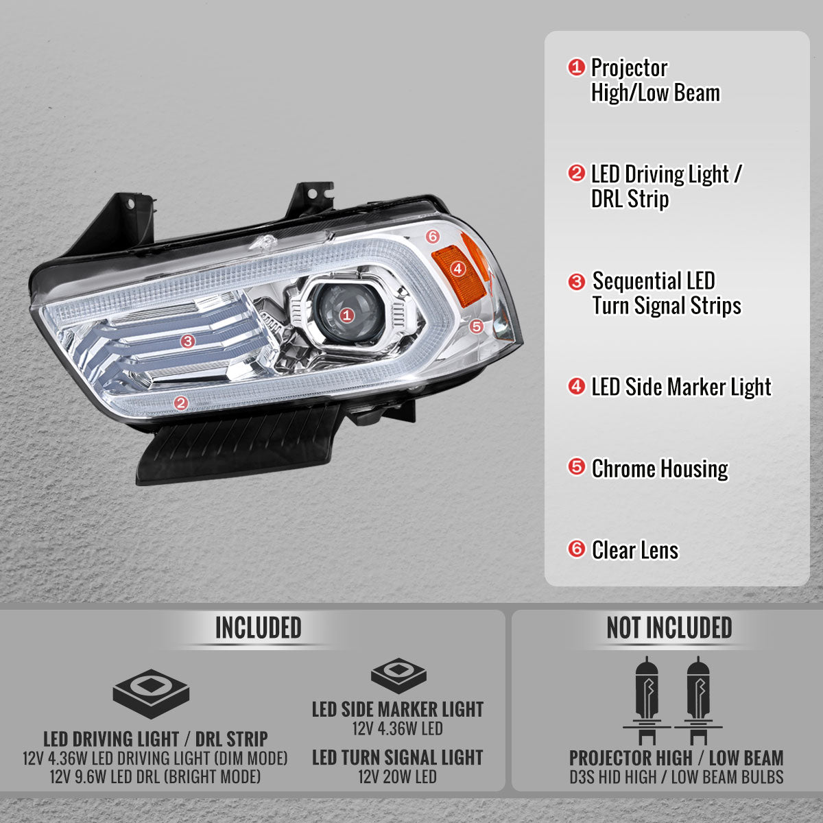 Spec-D 11-14 Dodge Charger Projector HID Headlight Chrome