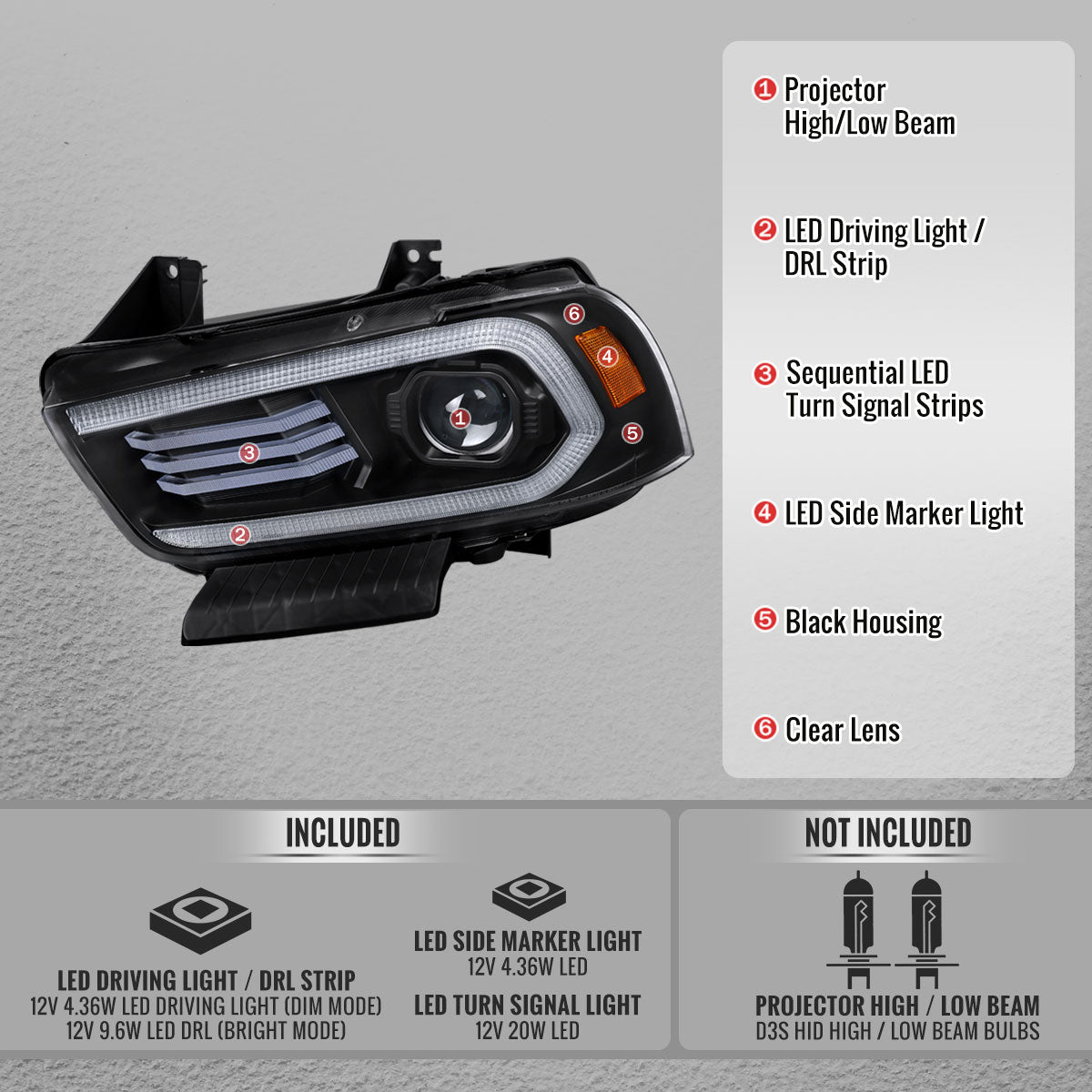 Spec-D 11-14 Dodge Charger Projector HID Headlight Black