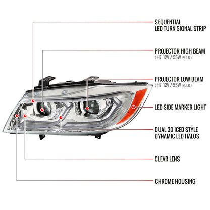 Spec-D 06-11 BMW E90 3-Series 4DR LED Projector Headlights Chrome