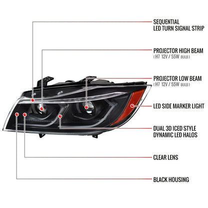 Spec-D 06-08 BMW E90 3 Series Headlights Projector G2 Black