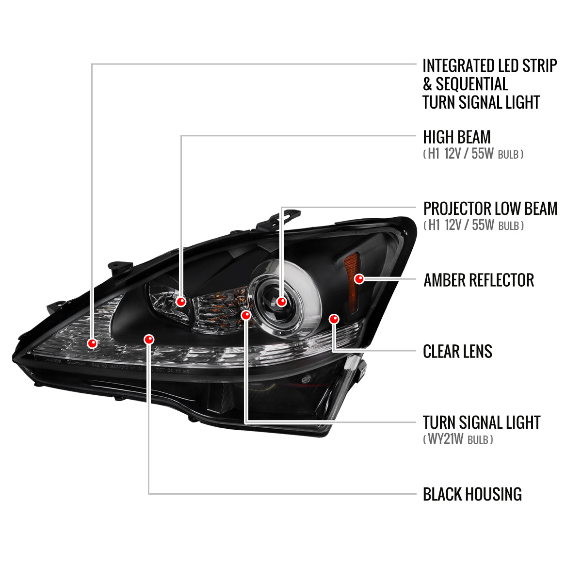 Spec-D 06-10 Lexus IS250 IS350 Headlights Sequential LED Strip Black
