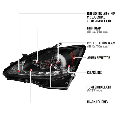 Spec-D 06-10 Lexus IS250 IS350 Headlights Sequential LED Strip Black