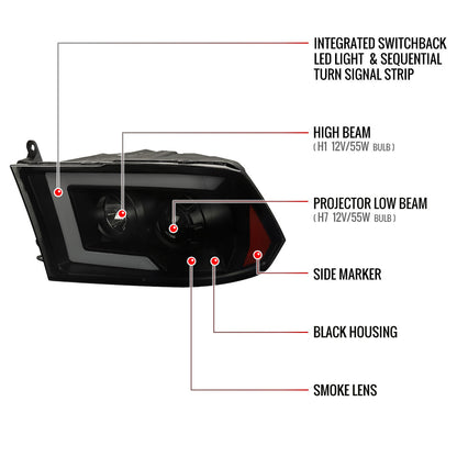 Spec-D 10-18 Dodge Ram/19-21 Ram Classic SEQ Pro Headlights Blk/Smoked