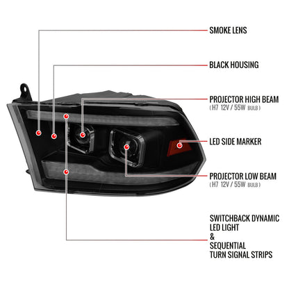 Spec-D 10-18 Ram 1500/2500/3500 Headlights Switchback Sequential Smoked.