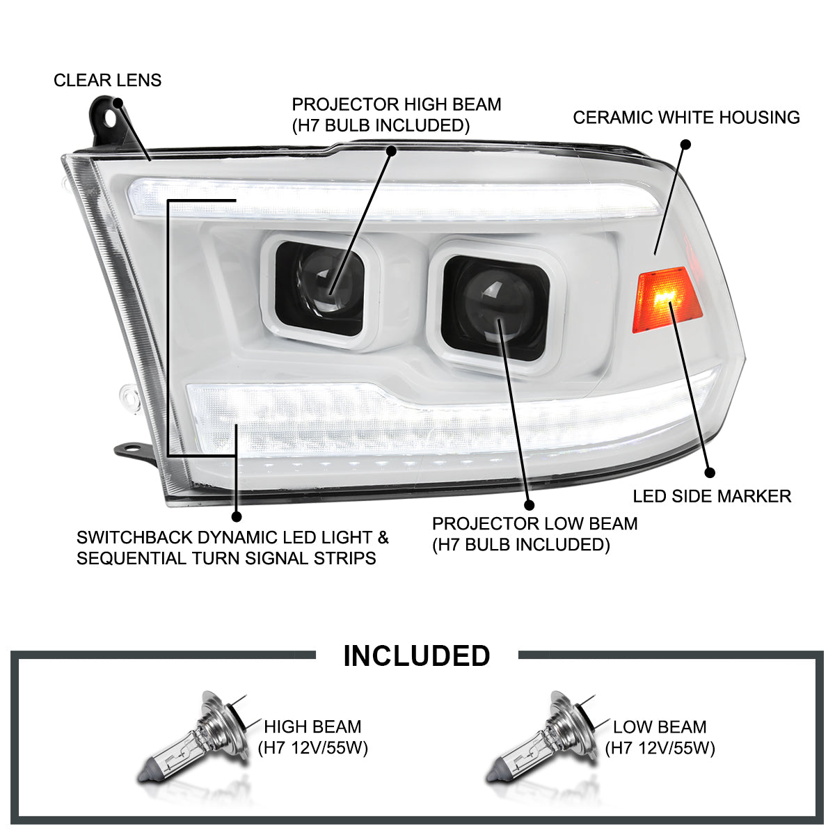 Spec-D 10-18 Ram 1500 2500 3500/19-24 Ram Classic Headlights SEQ White