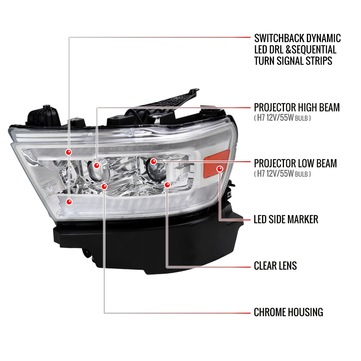 Spec-D 19-24 Ram 1500 SEQ LED Projector Headlights Chrome