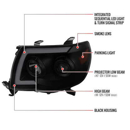 Spec-D 05-11 Tacoma LED Bar Projector Headlights SEQ Lights Blk Smoked