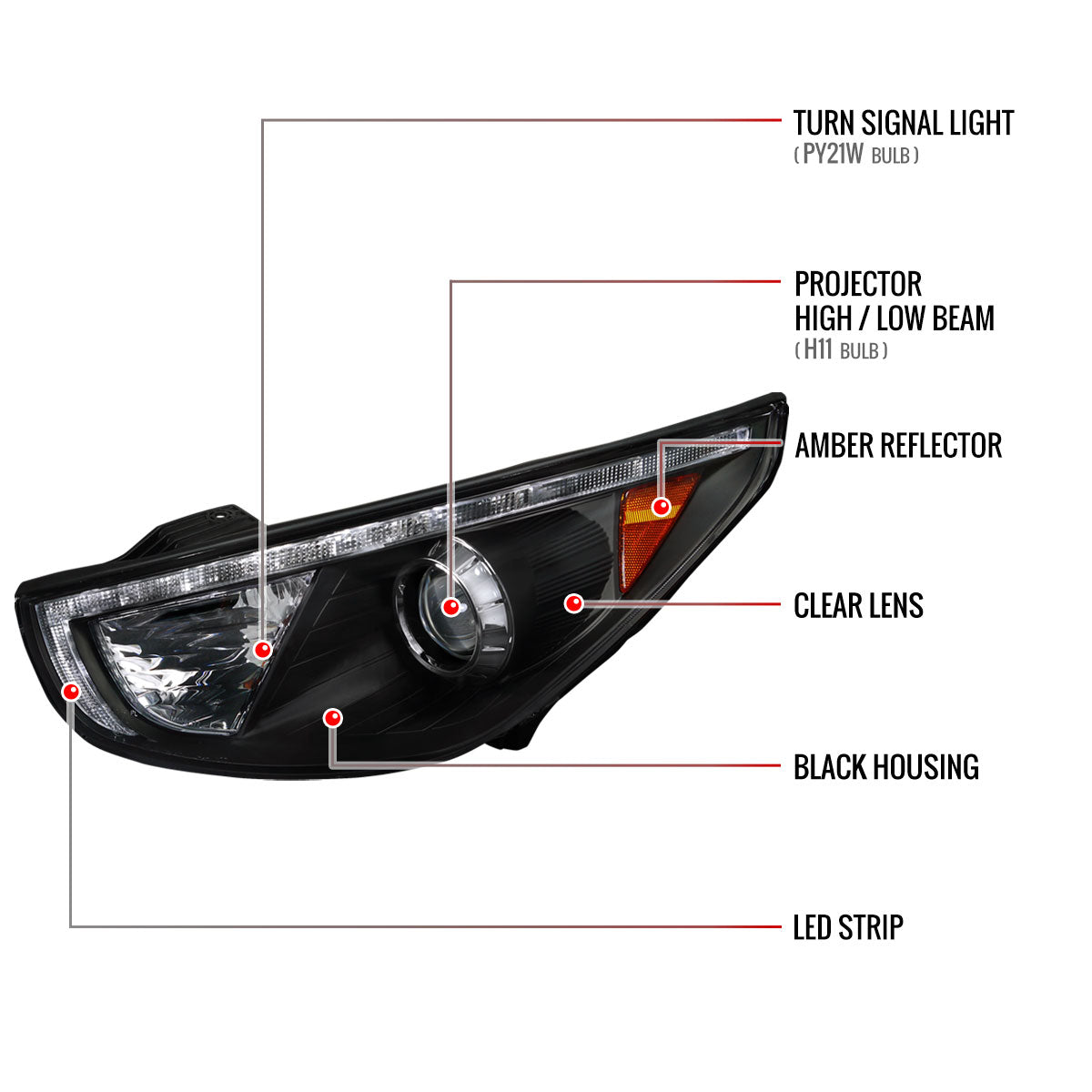 Spec-D 10-13 Hyundai Tucson Projector Headlights LED Strip Black