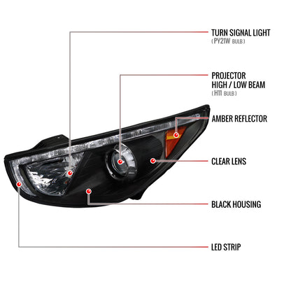 Spec-D 10-13 Hyundai Tucson Projector Headlights LED Strip Black