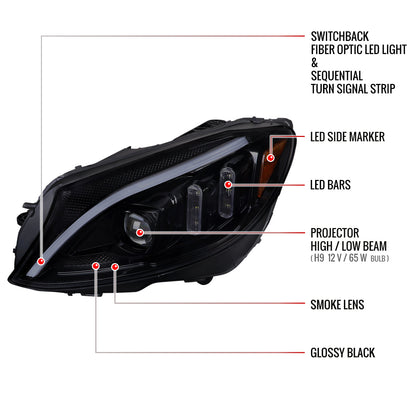 Spec-D 15-18 Mercedes C-Class W205 Sequential Headlights Black Smoked