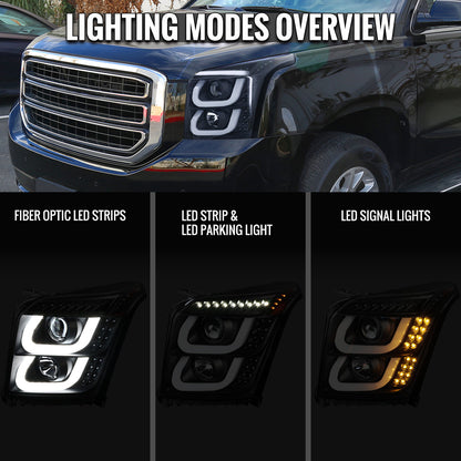 Spec-D 15-20 GMC Yukon/Yukon XL LED U-Bar Projector Headlights Black