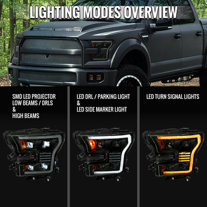 Spec-D 15-17 Ford F-150 Led Projector HID Headlight Black/Smoked Lens