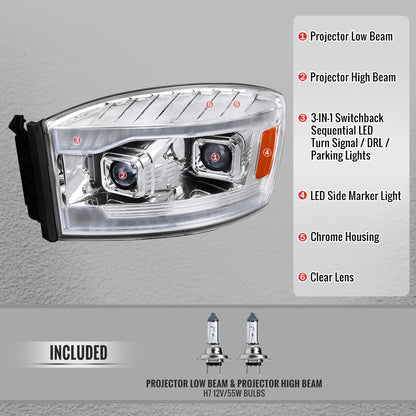 Spec-D 06-08 Dodge Ram 1500 2500 3500 Projector Led Headlight Chrome