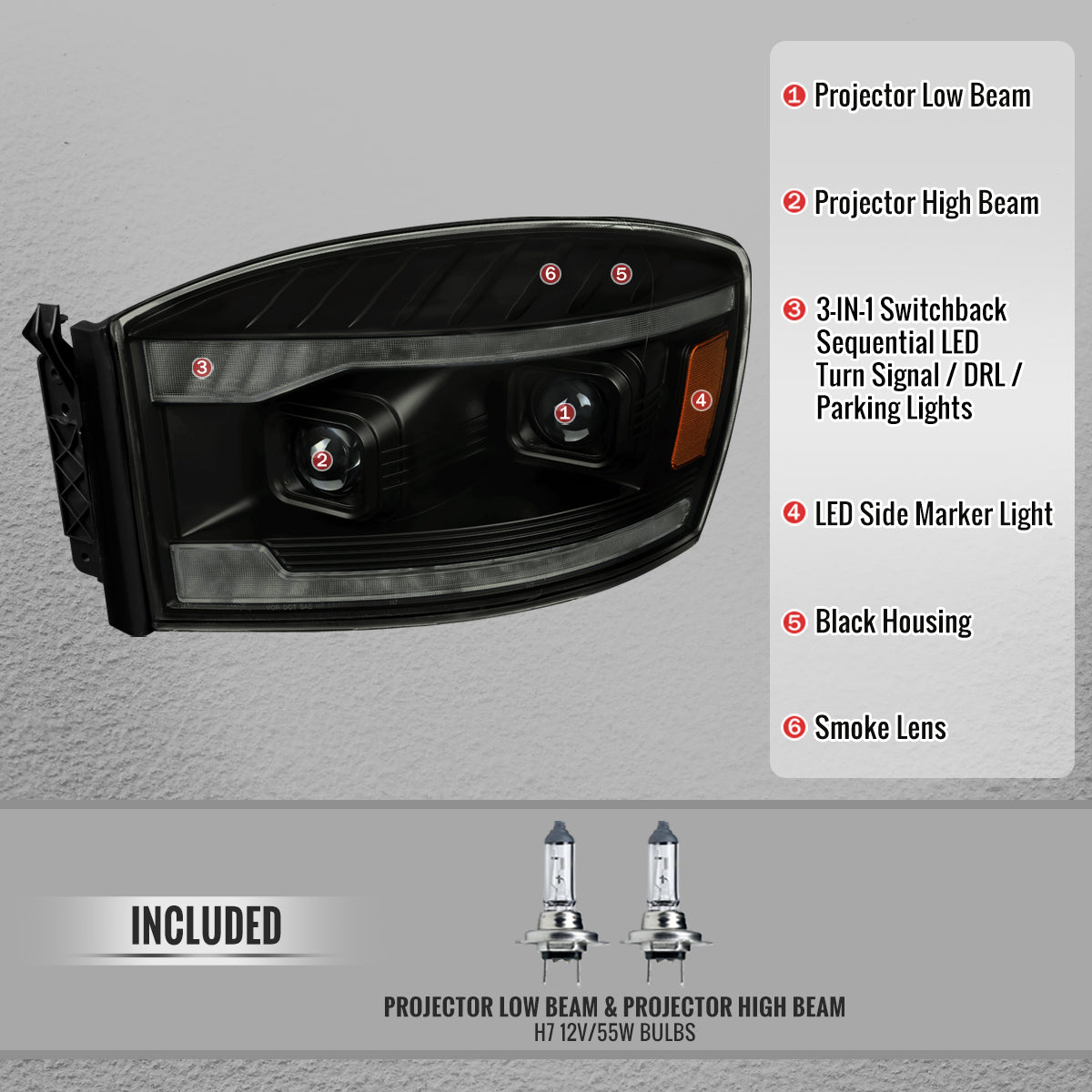 Spec-D 06-08 Dodge Ram 1500 2500 3500 Projector Headlight Black/Smoked