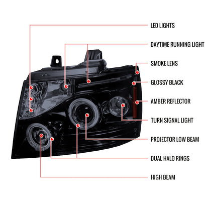 Spec-D 07-13 Avalanche/Tahoe Halo Projector Headlights Smoked