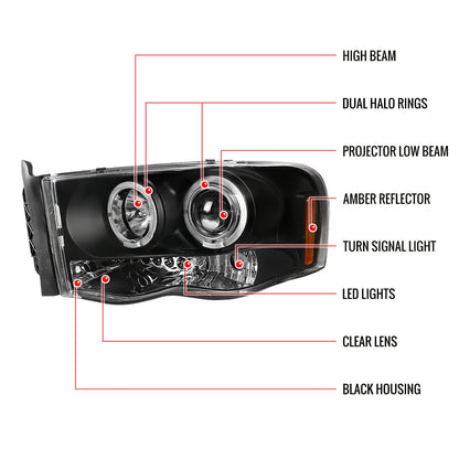 Spec-D 02-05 Dodge Ram Halo LED Projector Headlights Black