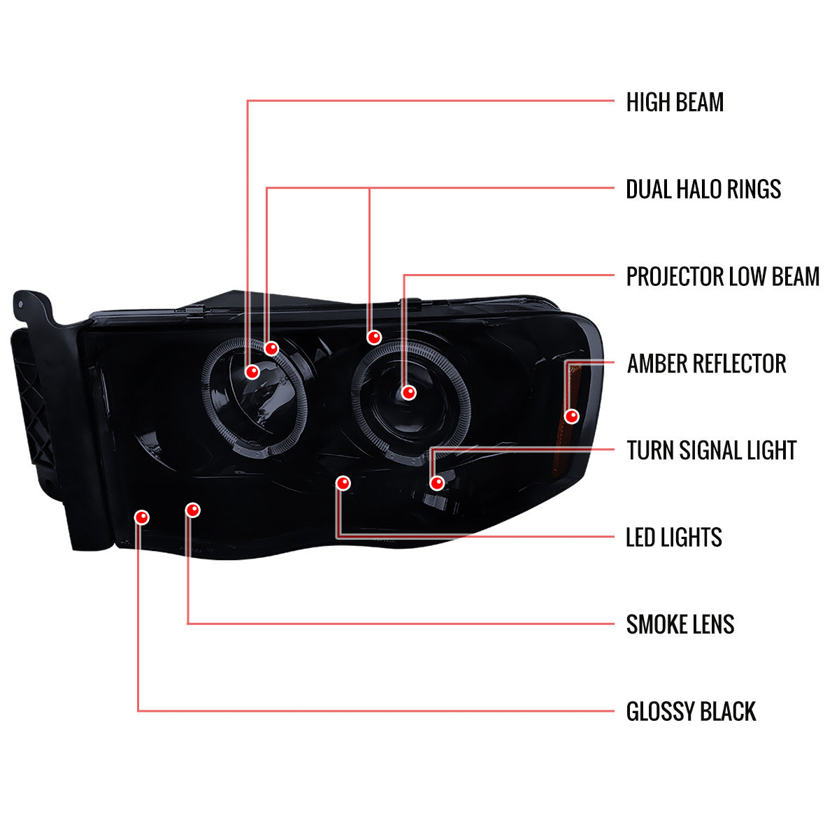 Spec-D 02-05 Dodge Ram Dual Halo Projector Headlights Smoked
