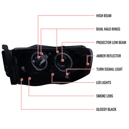 Spec-D 02-05 Dodge Ram Dual Halo Projector Headlights Smoked