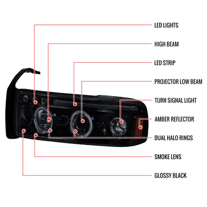 Spec-D 94-01 Dodge Ram 1500 2500 3500 Headlights Dual Halo Smoked
