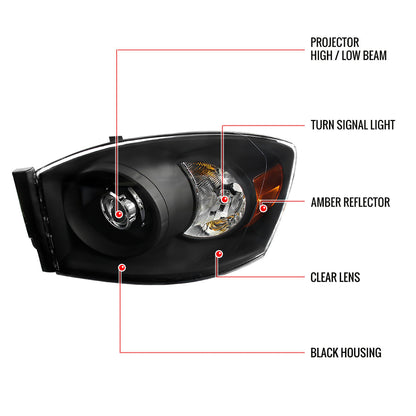 Spec-D 06-08 Dodge Ram Retro Style Projector Headlights Black