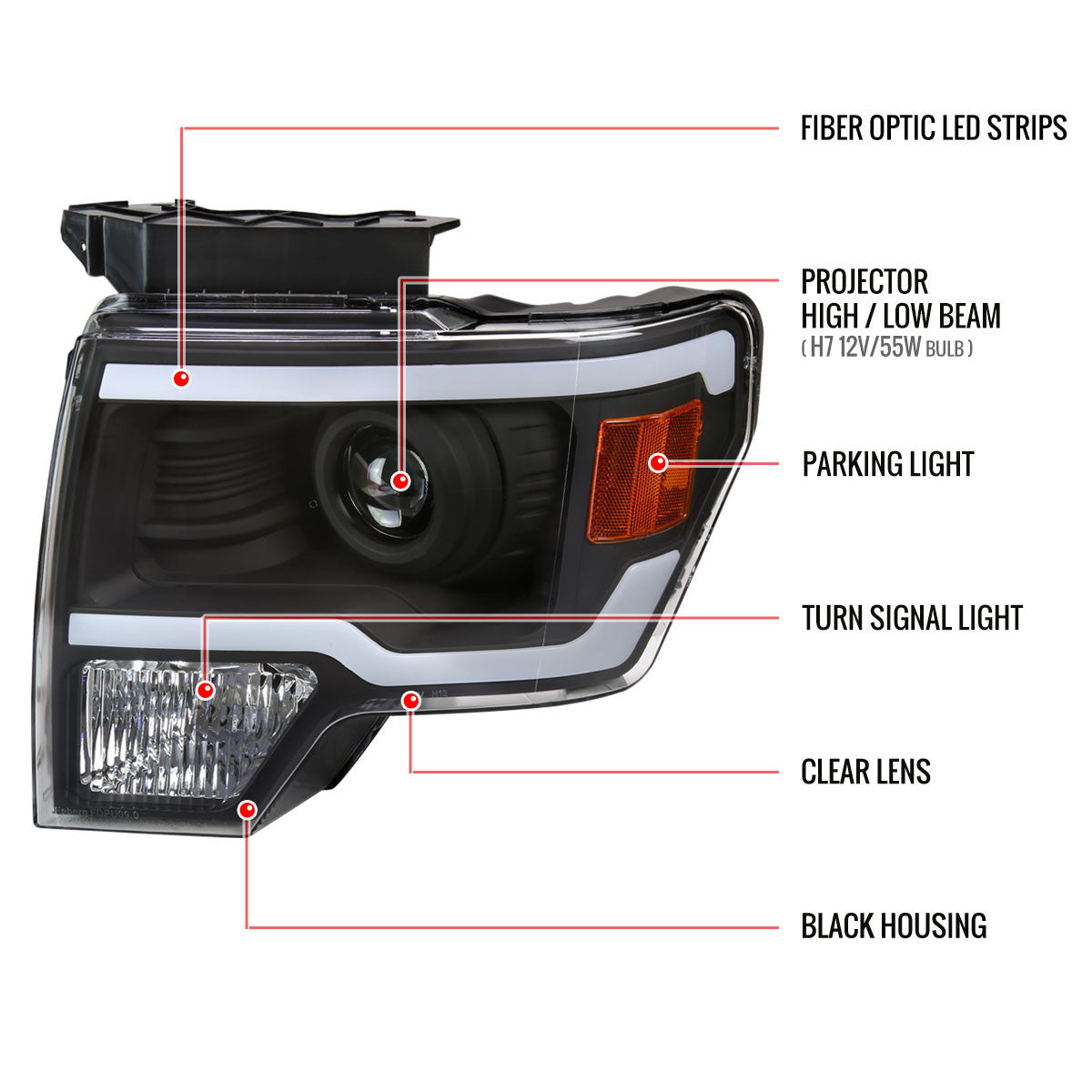 Spec-D 09-14 Ford F150 Projector Headlights LED Bar Black