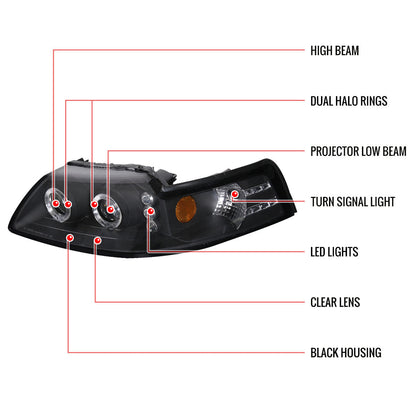 Spec-D 99-04 Ford Mustang Dual Halo Projector Headlights Black