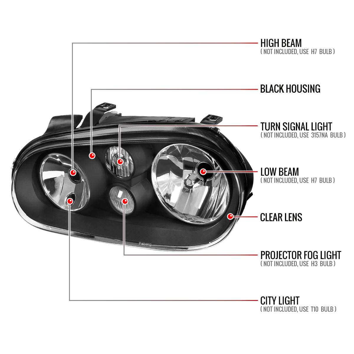 Spec-D 99-06 VW Golf Mk4 GTI/R32 Cabrio V2 Headlights OEM Style Black