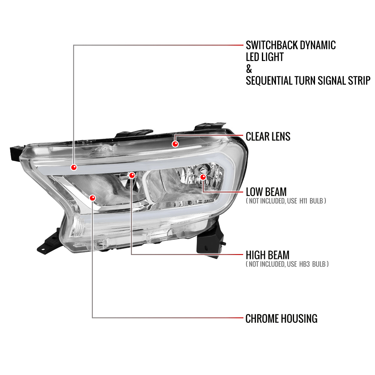 Spec-D 19-24 Ranger XL XLT Headlights OEM Style light Bar Chrome