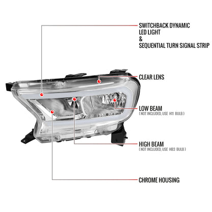 Spec-D 19-24 Ranger XL XLT Headlights OEM Style light Bar Chrome
