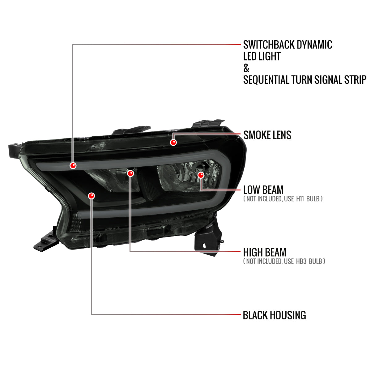 Spec-D 19-24 Ranger XL XLT Headlights OEM Style Light Bar Black/Smoked