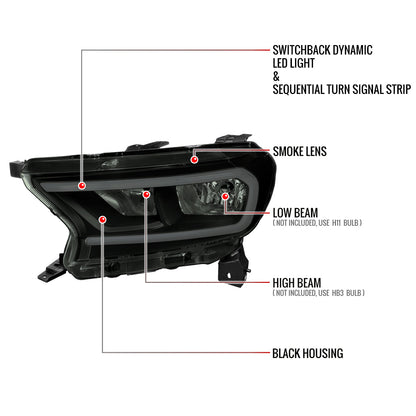 Spec-D 19-24 Ranger XL XLT Headlights OEM Style Light Bar Black/Smoked